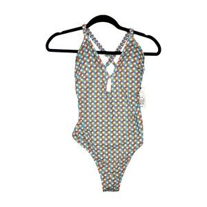 SHADE & SHORE NWT Plunge Front High Leg One Piece Multi Geo Print M 8/10